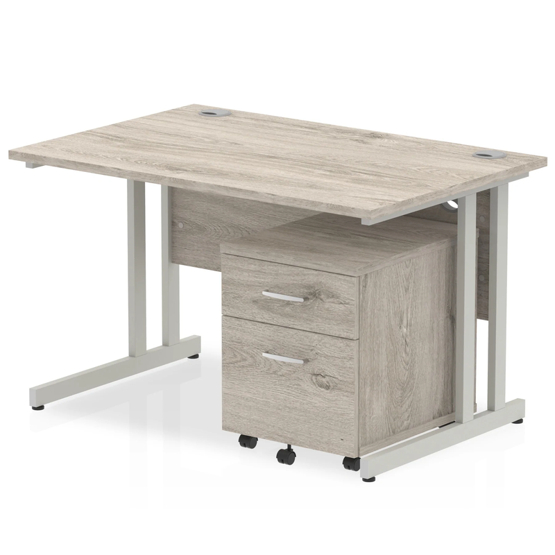 Impulse Cantilever Straight Desk With 2 Drawer Mobile Pedestal - Grey Oak - NWOF