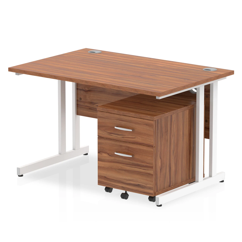 Impulse Cantilever Straight Desk With 2 Drawer Mobile Pedestal - Walnut - NWOF