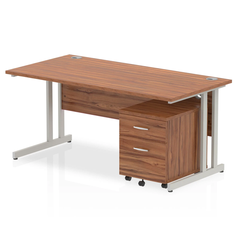 Impulse Cantilever Straight Desk With 2 Drawer Mobile Pedestal - Walnut - NWOF