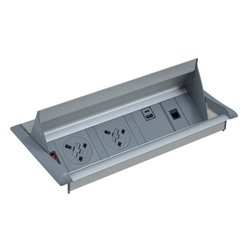 Aero Fliptop In-Table Power Module 2 x UK Sockets, 1 x RJ45 Socket & 1 x Twin USB Fast Charge - Grey/Silver - NWOF