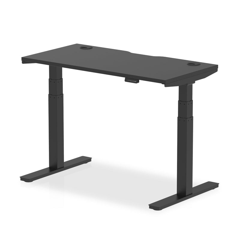 Air Black Series 600mm Deep Height Adjustable Desk Black Top with Cable Ports & Black Legs - NWOF