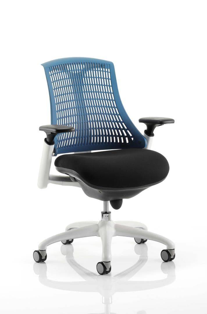 Flex Task Operator Chair White Frame Black Fabric Seat With Blue Back With Arms - NWOF