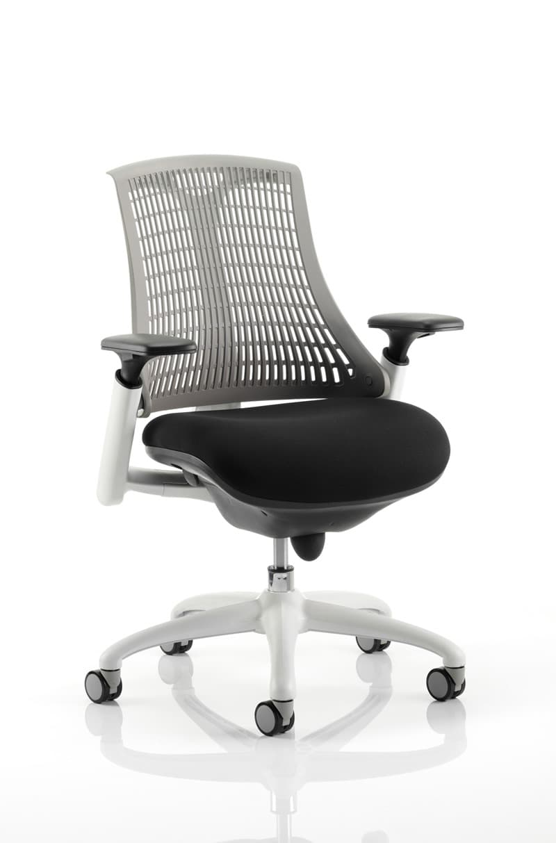 Flex Task Operator Chair White Frame Black Fabric Seat With Grey Back With Arms - NWOF