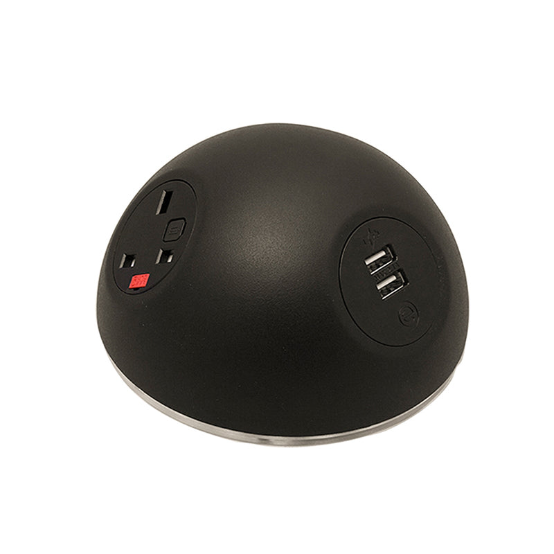 Pluto Domed On-Surface Power Module With 2 x UK Sockets & 1 x TUF (A&C Connectors) USB Charger - Black - NWOF