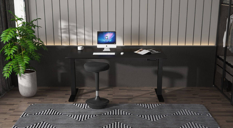 Air Black Series 600mm Deep Height Adjustable Desk Black Top with Cable Ports & Black Legs - NWOF