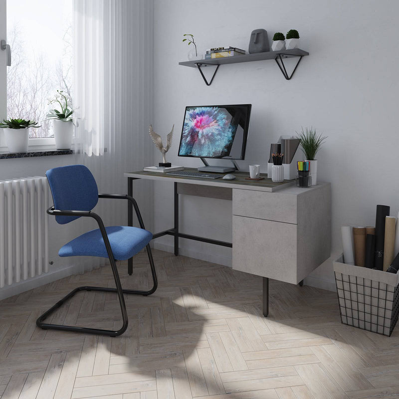 Delphi Home Office Workstation With Integrated Pedestal – Concrete Grey With Black Frame - NWOF